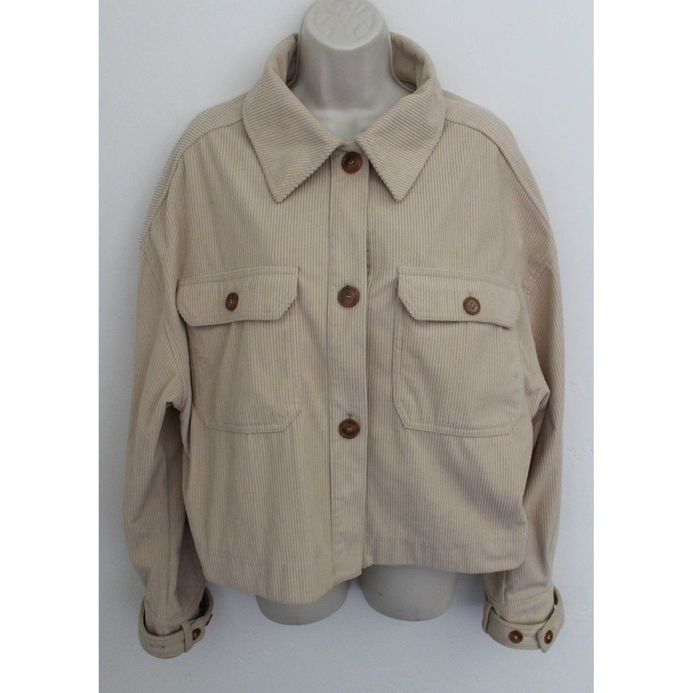 Avec Les Filles Corduroy Shacket Large Beige Cropped Button Front Jacket *FLAW
